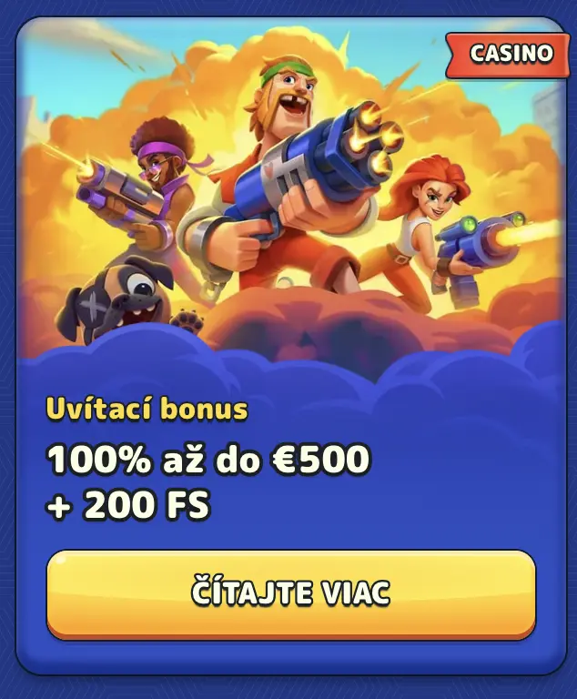 Uvítací kasínový bonus: 100 % až do 500 € + 200 voľných zatočení. Postavy so zbraňami a psom pripravené na boj – uvítací bonus kasína.